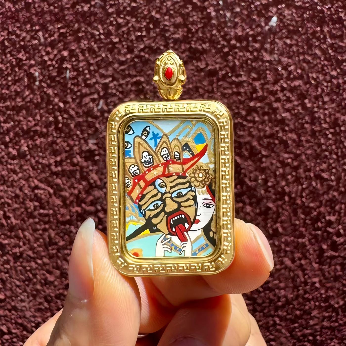Hand-painted Zakilam Thangka pendant with Gawu Box, Tibetan Buddhist Jewelry Culture Jewelry art for spiritual protection and devotion