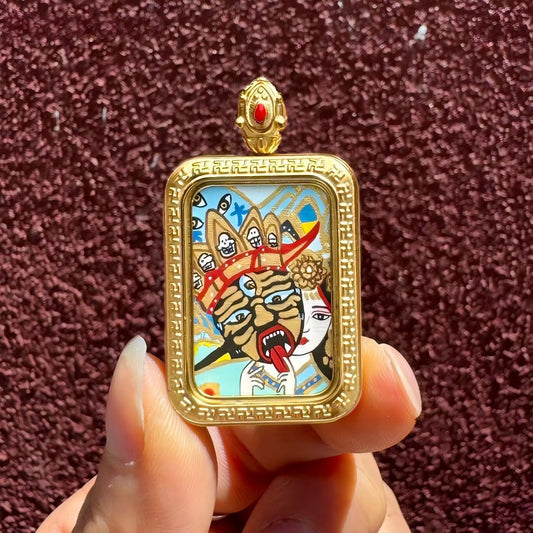 Hand-painted Zakilam Thangka pendant with Gawu Box, Tibetan Buddhist Jewelry Culture Jewelry art for spiritual protection and devotion