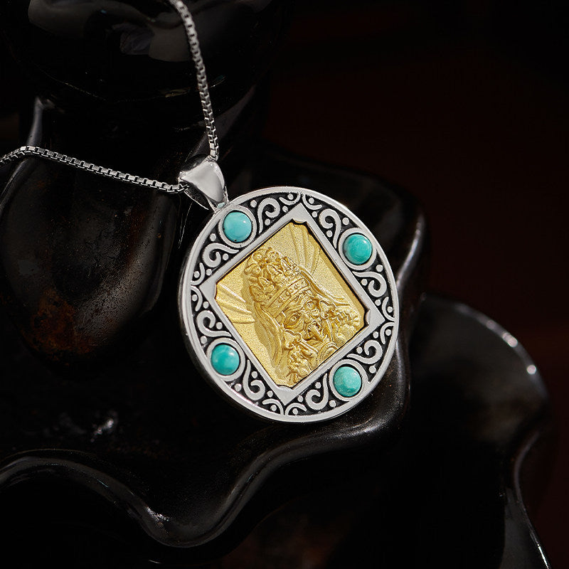 Vintage-style Tibetan Zakilam silver round pendant, unisex necklace for casual or spiritual wear, Tibetan Buddhist Jewelry Culture Jewelry art