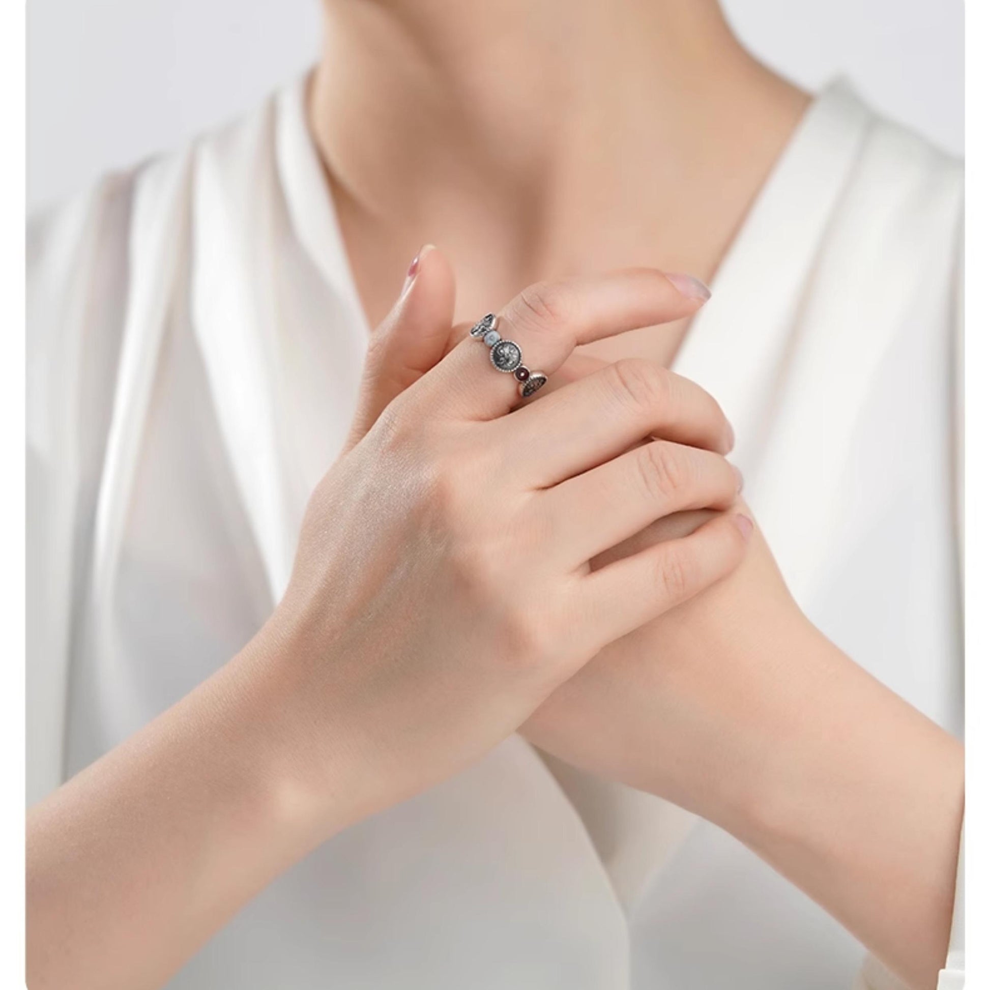 925 silver blessing and prosperity ring designed with Tibetan Buddhist Jewelry Culture elements, crafted entirely by hand with detailed Jewelry art.