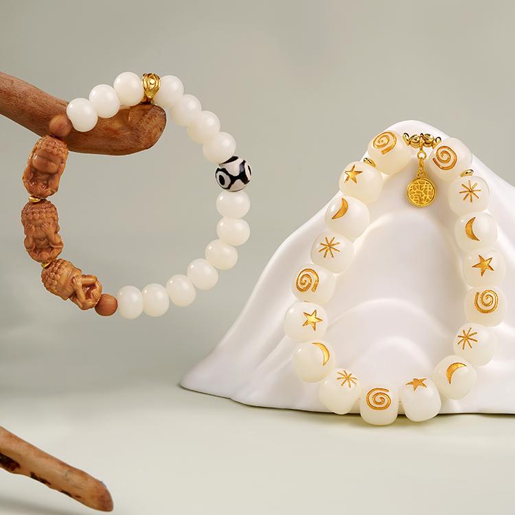 Artisanal Tibetan-Buddhist-Jewelry-Culture Bodhi Mala. Embodying the essence of Jewelry-art, this hand-painted bracelet is a minimalist and elegant tool for mantra counting and spiritual connection.