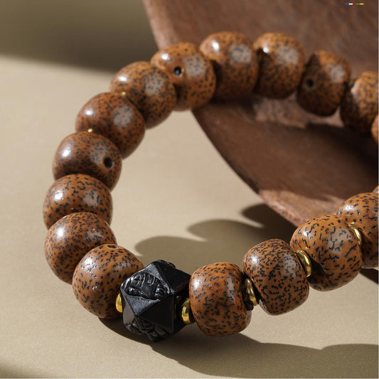 Hand-painted Bodhi and Obsidian protection bracelet in Tibetan Buddhist jewelry culture, featuring sacred symbols for spiritual safeguarding.