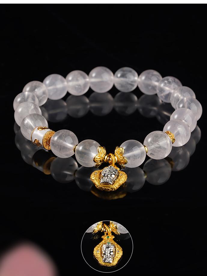 Hand-painted clear glow quartz serenity bracelet, embodying Tibetan Buddhist jewelry art for peaceful mindfulness