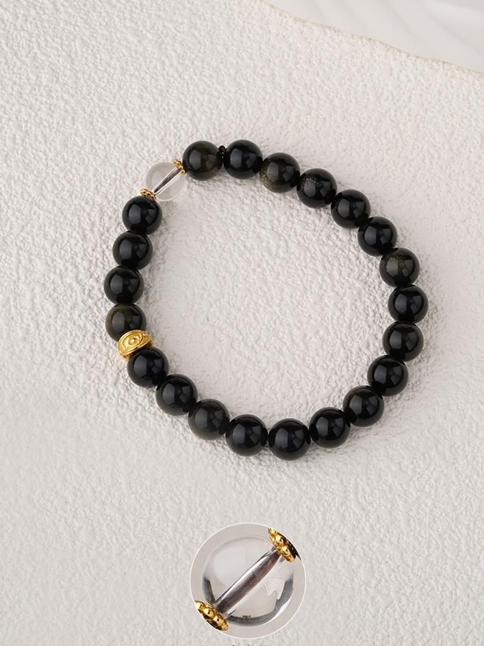 Hand-painted Golden Obsidian and crystal protection bracelet in Tibetan Buddhist jewelry art tradition.