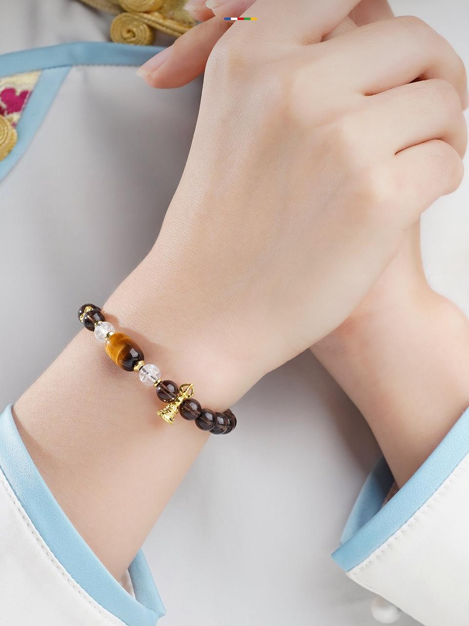 Hand-painted protection mala with Tiger's Eye gemstone beads, featuring traditional Tibetan Buddhist jewelry culture designs in fine jewelry art.