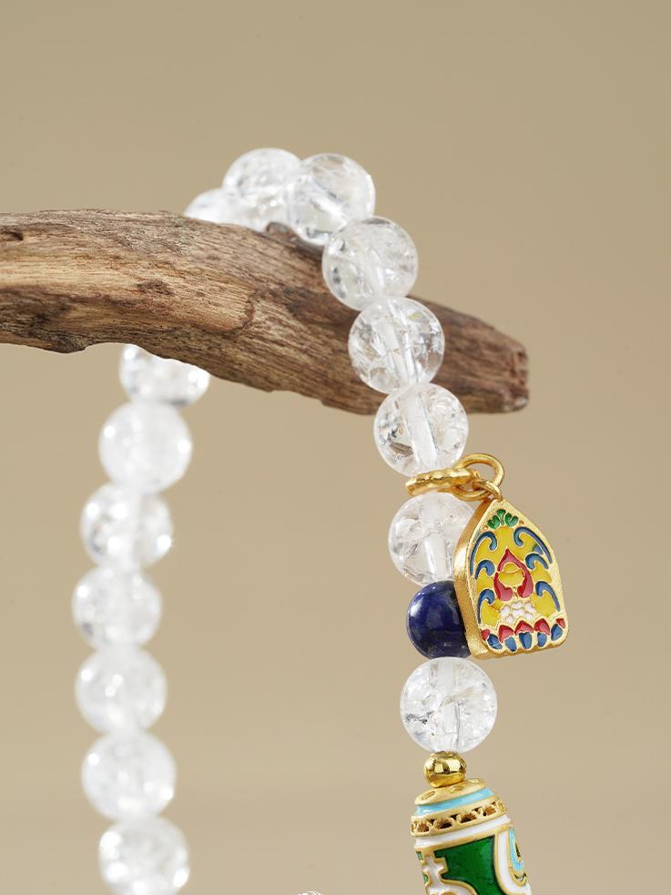 Close-up of Sacred Clear Quartz and Lapis Protection Bracelet. Clear quartz purifies energy, lapis lazuli provides wisdom protection, the dual-color combination symbolizes sacred connection between heaven and earth in Tibetan Buddhist culture.
