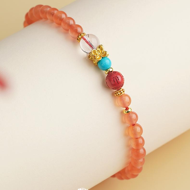 Traditional Red Jasper Energy Bracelet being worn. Red gemstones represent vitality and auspiciousness in Tibetan culture, wearing on wrist provides both decoration and continuous positive energy frequency.
