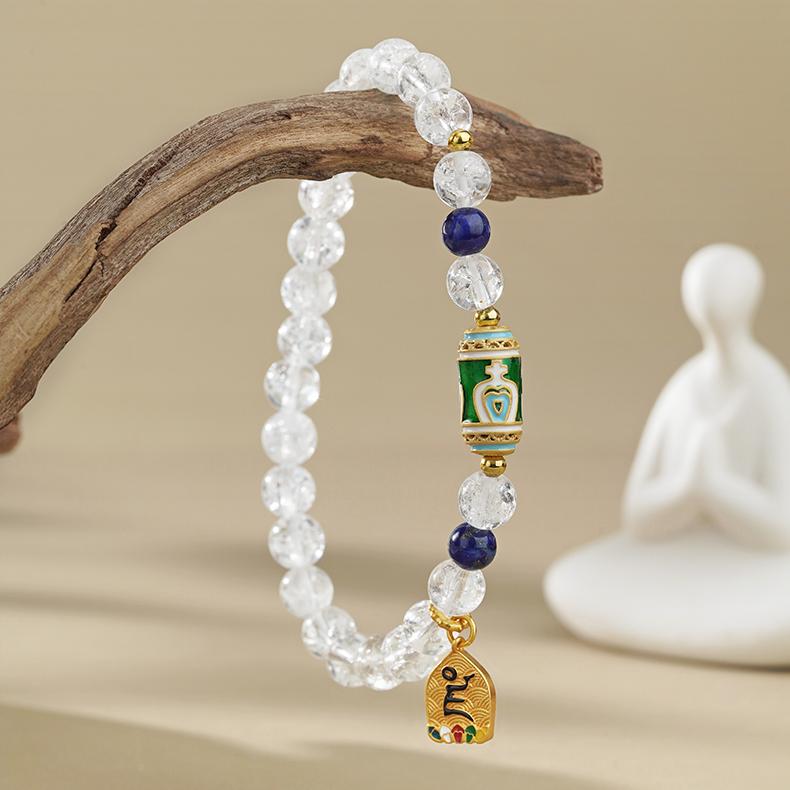 Crystal and Lapis Mandala Bracelet energy demonstration. Hand-painted mandala patterns resonate with natural gemstone energy, creating powerful meditation energy field for deep spiritual practice.