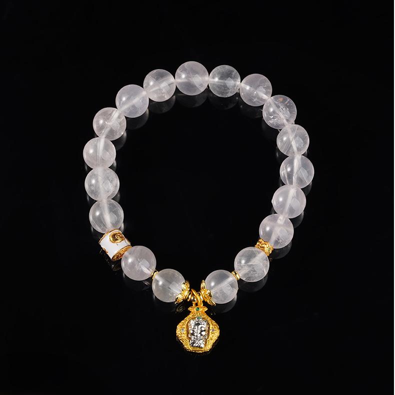 Pure Luster rose quartz bracelet in Tibetan Buddhist jewelry tradition, bringing gentle serenity and emotional balance to the wearer