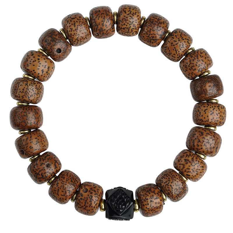 Hand-painted Moon Star Bodhi Obsidian bracelet embodying Tibetan Buddhist jewelry culture, symbolizing cosmic harmony.