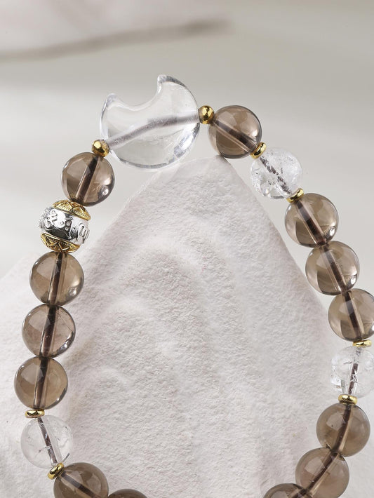Hand-painted Smoky and Clear Crystal energy bracelet in Tibetan Buddhist jewelry culture, balancing earth and spiritual energies.