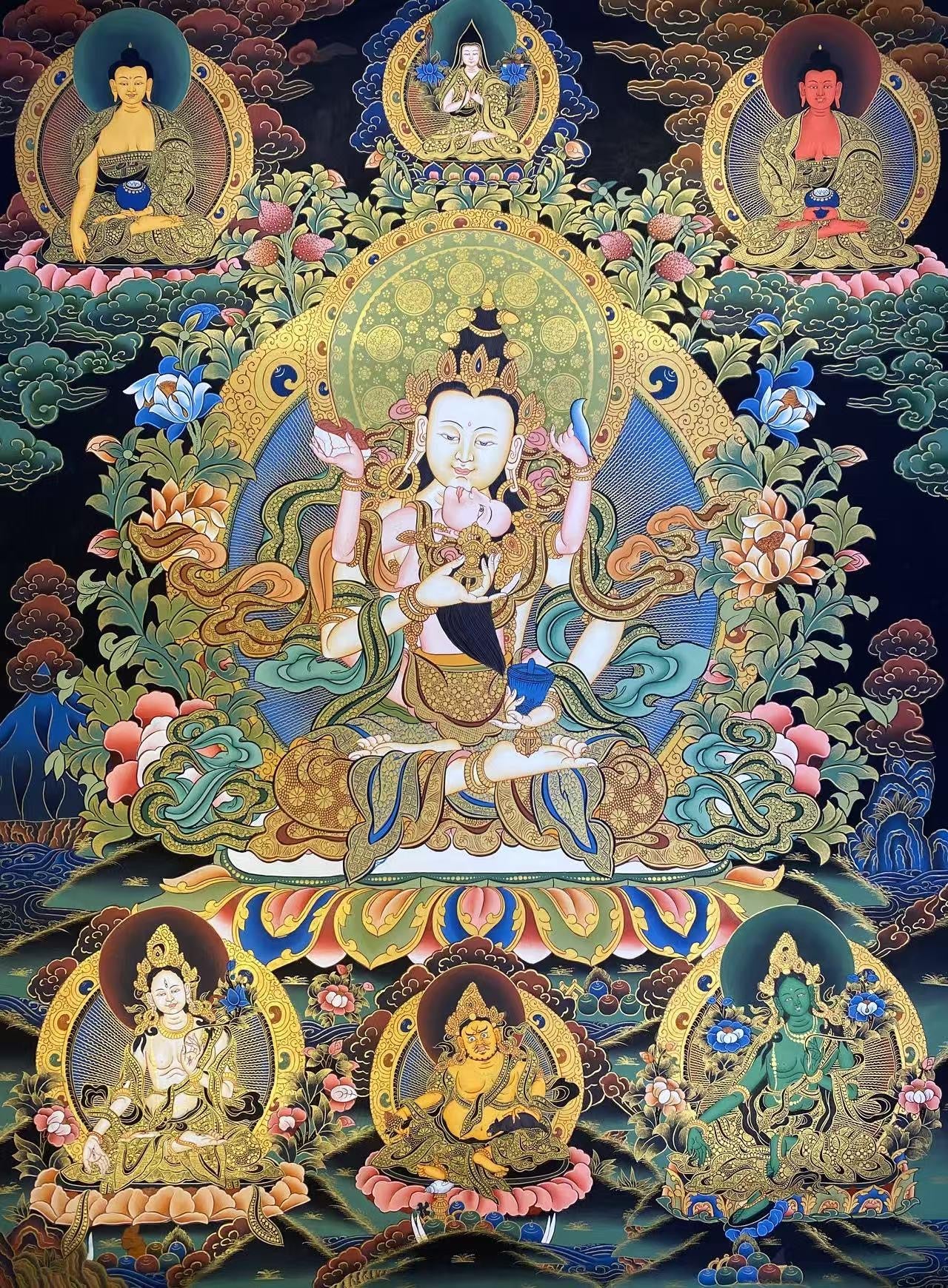 Hand-painted Tibetan Buddhist Vajrasattva YabYum thangka, crafted with natural mineral pigments, traditional sacred art.