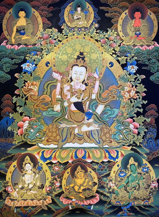 Hand-painted Tibetan Buddhist Vajrasattva YabYum thangka, crafted with natural mineral pigments, traditional sacred art.