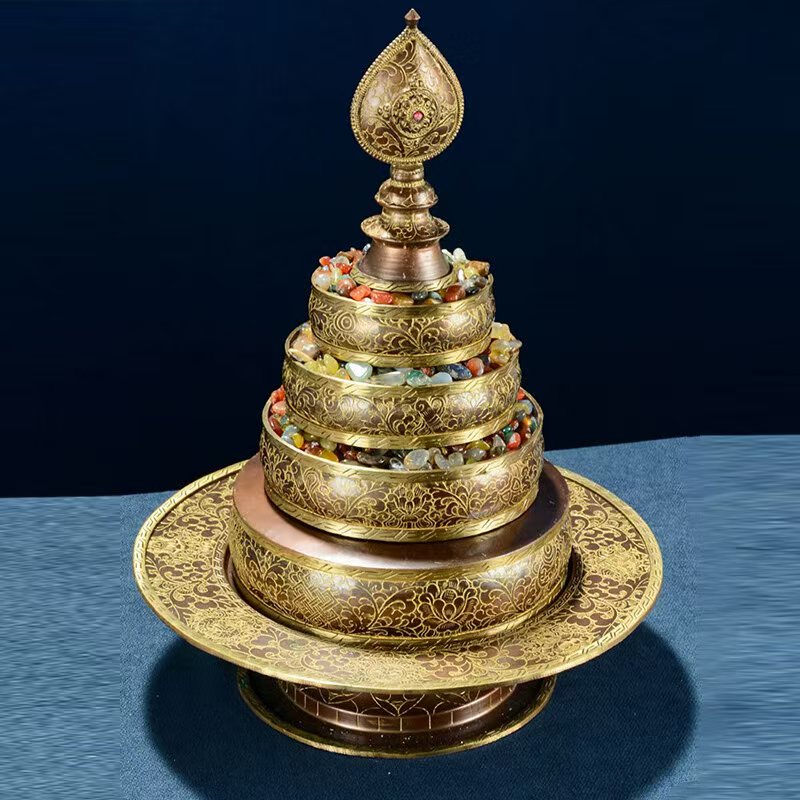 Tibetan Buddhist sacrificial implements culture: A majestic copper mandala set featuring Eight Auspicious Symbols and Seven Gemstones, used for ritual universe offerings and merit accumulation.