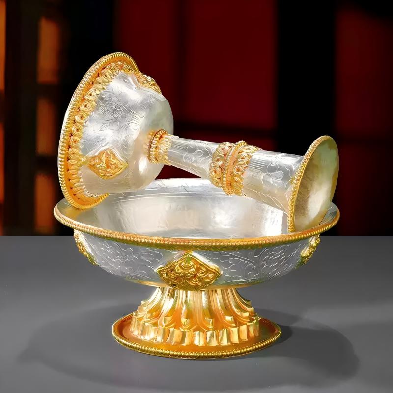 Tibetan Buddhist sacrificial implements culture: Detailed view of a gilded silver ritual chalice from Nepal, representing the highest standards of Buddhist sacrificial items art.