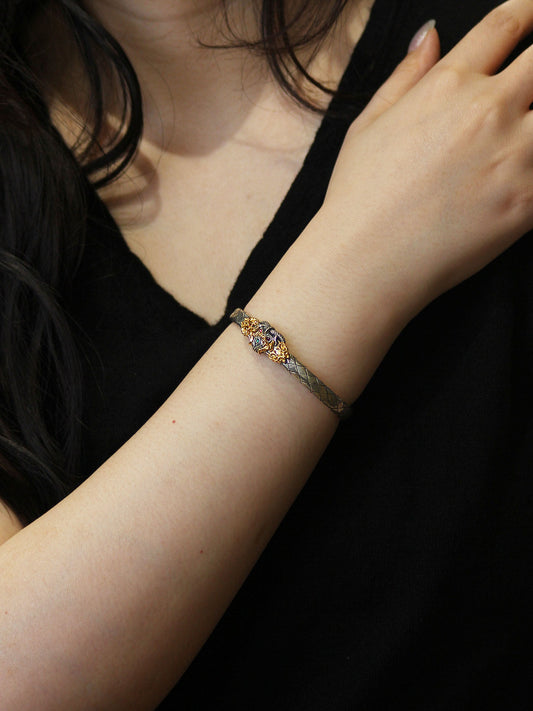 Handmade 24K gold-plated sterling silver bracelet featuring Garuda and Vajra, a masterpiece of Tibetan Buddhist sacrificial implements culture for spiritual protection.