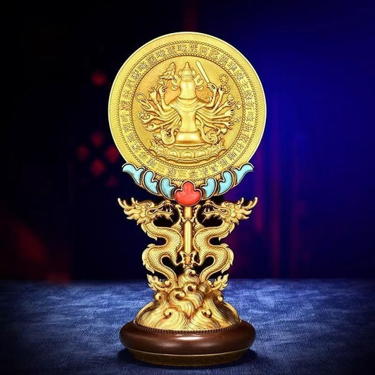 Exquisite Buddhist sacrificial items art featuring a handcrafted bronze Cundi mirror, reflecting the profound heritage and metalwork of Tibetan Buddhist sacrificial implements culture.