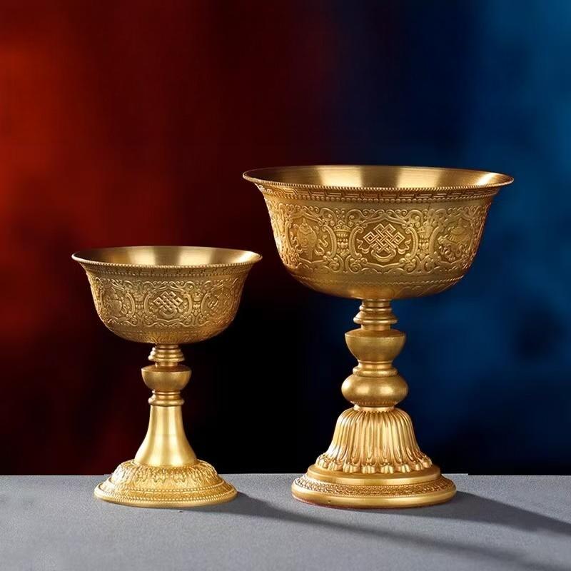 Pure copper eternal light holder engraved with Eight Auspicious Symbols, showcasing the elite metalwork of Tibetan Buddhist sacrificial implements culture as a ritual art object.