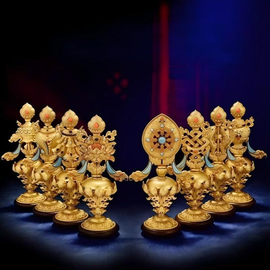 Authentic Tibetan Buddhist sacrificial implements culture featuring Eight Auspicious Symbols, handcrafted from pure copper with intricate detailing for home altar spiritual decoration.