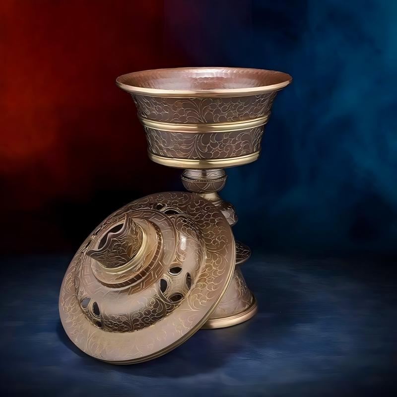 Authentic Nepal handmade purple copper butter lamp, a prime example of Tibetan Buddhist sacrificial implements culture and Buddhist sacrificial items art.