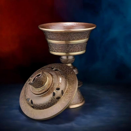 Authentic Nepal handmade purple copper butter lamp, a prime example of Tibetan Buddhist sacrificial implements culture and Buddhist sacrificial items art.
