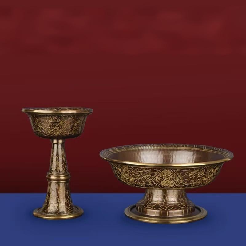  Authentic Tibetan Buddhist sacrificial implements culture Dharmapala cup, handcrafted in Nepal from red copper with exquisite hand-painted gold detailing for sacred altar rituals.