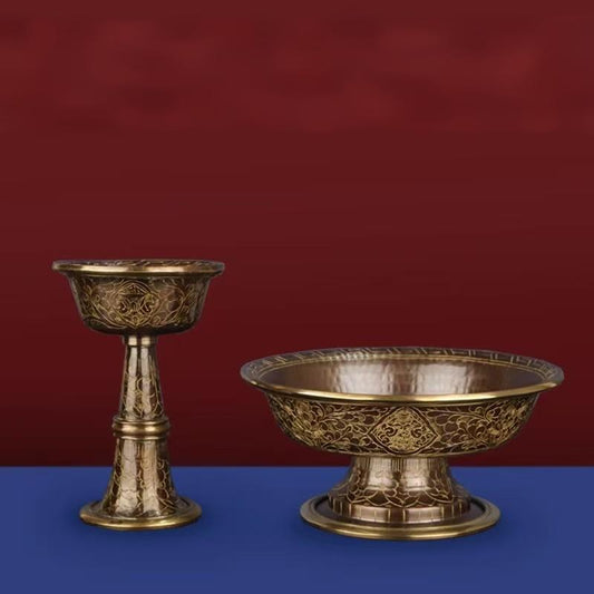  Authentic Tibetan Buddhist sacrificial implements culture Dharmapala cup, handcrafted in Nepal from red copper with exquisite hand-painted gold detailing for sacred altar rituals.
