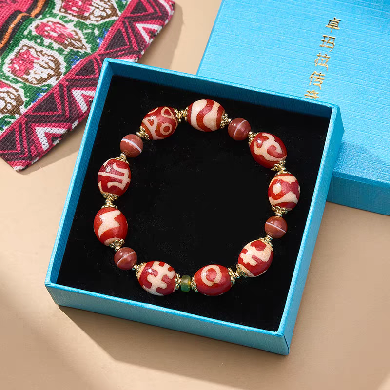  Tibetan Buddhist sacrificial implements culture red agate Darlok multi-totem Dzi bead bracelet. Handcrafted from natural agate as a piece of Buddhist sacrificial items art.