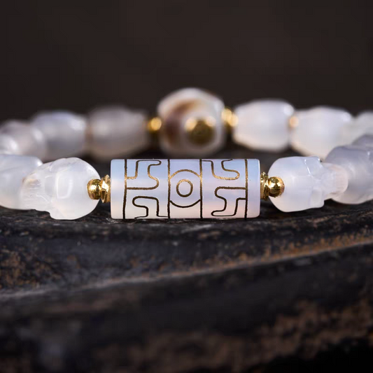 Tibetan Buddhist sacrificial implements culture natural agate double-offering six-eyed Dzi bead handmade bracelet. Unique Buddhist sacrificial items art handcrafted from authentic agate.