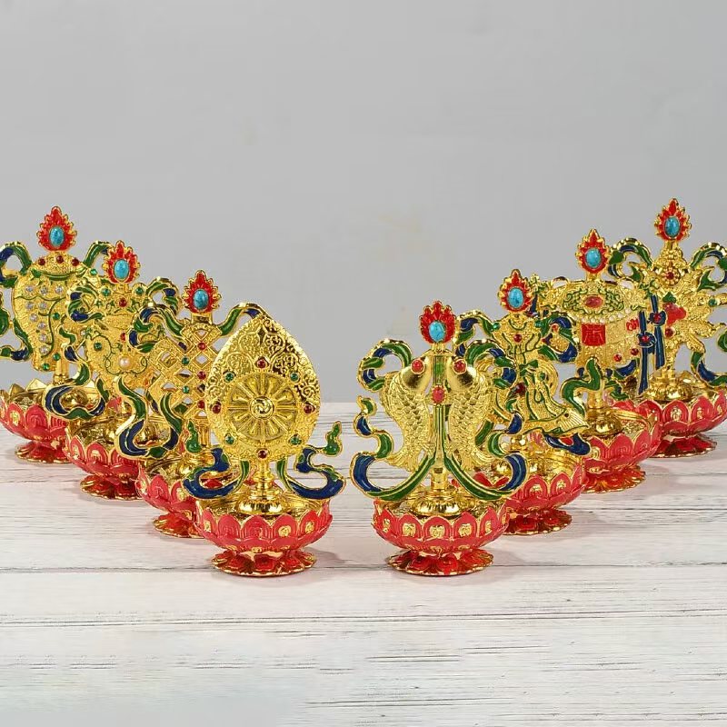 Tibetan Buddhist sacrificial implements culture: A complete set of Ashtamangala (Eight Auspicious Signs) in authentic Buddhist sacrificial items art style, perfect for altar blessing and spiritual protection.