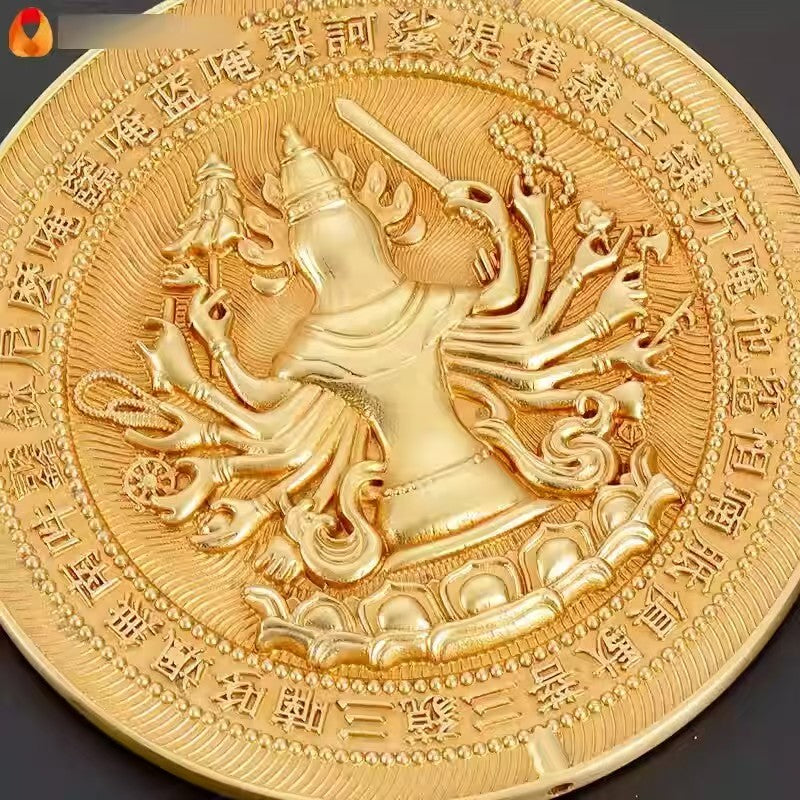 Tibetan Buddhist sacrificial implements culture: Close-up of a Cundi mirror showcasing exquisite Buddhist sacrificial items art and hand-engraved Sanskrit dharani.