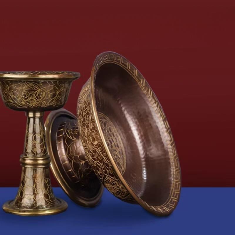 Exquisite Buddhist sacrificial items art piece, a purple copper offering cup engraved with Eight Auspicious Symbols, reflecting the profound heritage of Tibetan Buddhist sacrificial implements culture.