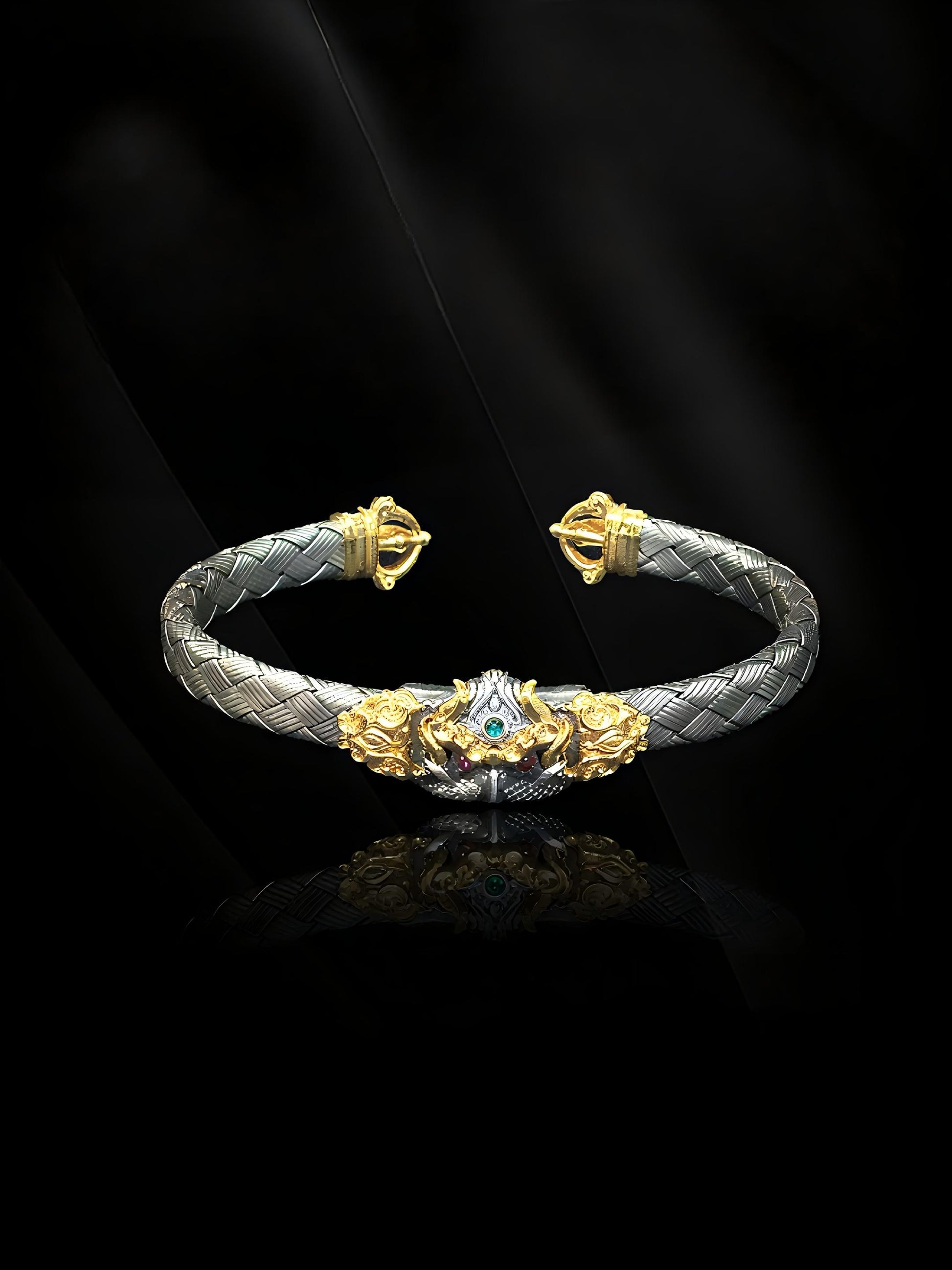 Exquisite Buddhist sacrificial items art displayed in a hand-carved gold Dorje (Vajra) bangle, symbolizing indestructible wisdom and power in Tibetan traditions.