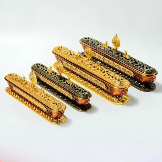 Tibetan Buddhist sacrificial implements culture: Detailed view of a hand-carved lion censer showcasing exquisite Buddhist sacrificial items art and traditional Himalayan metalwork.