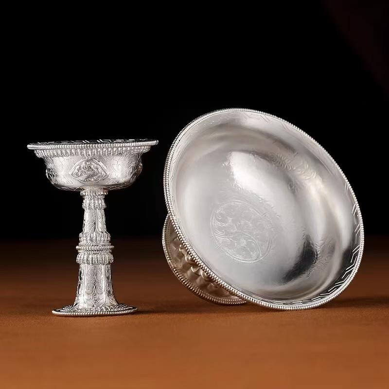 Authentic Tibetan Buddhist sacrificial implements culture Dharmapala cup, meticulously handcrafted from 925 pure silver for sacred temple protector offerings.