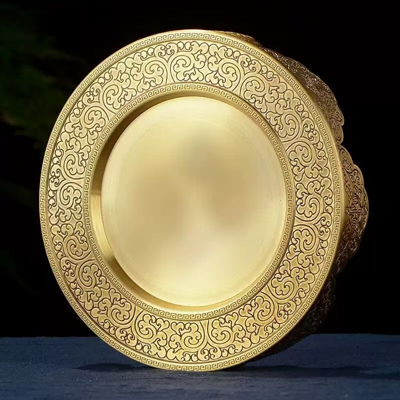 Buddhist sacrificial items art: Sacred Ashtamangala copper offering mandala, designed to accumulate merit and symbolize the offering of the entire universe.