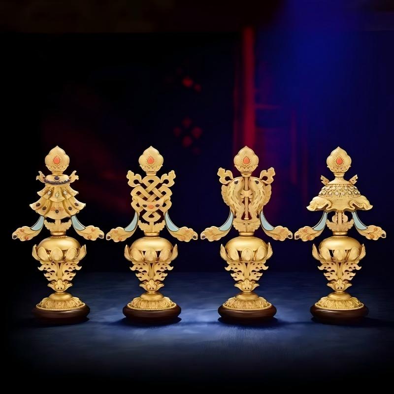 Premium Buddhist sacrificial items art set of hand-carved Ashtamangala symbols made of high-quality copper, representing the profound Tibetan Buddhist sacrificial implements culture.