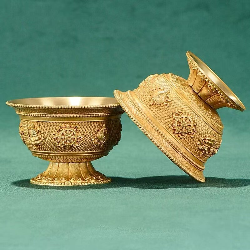 Buddhist sacrificial items art: An exquisite Nepal artisan brass water offering set, perfect for creating a serene and auspicious atmosphere on home altars.