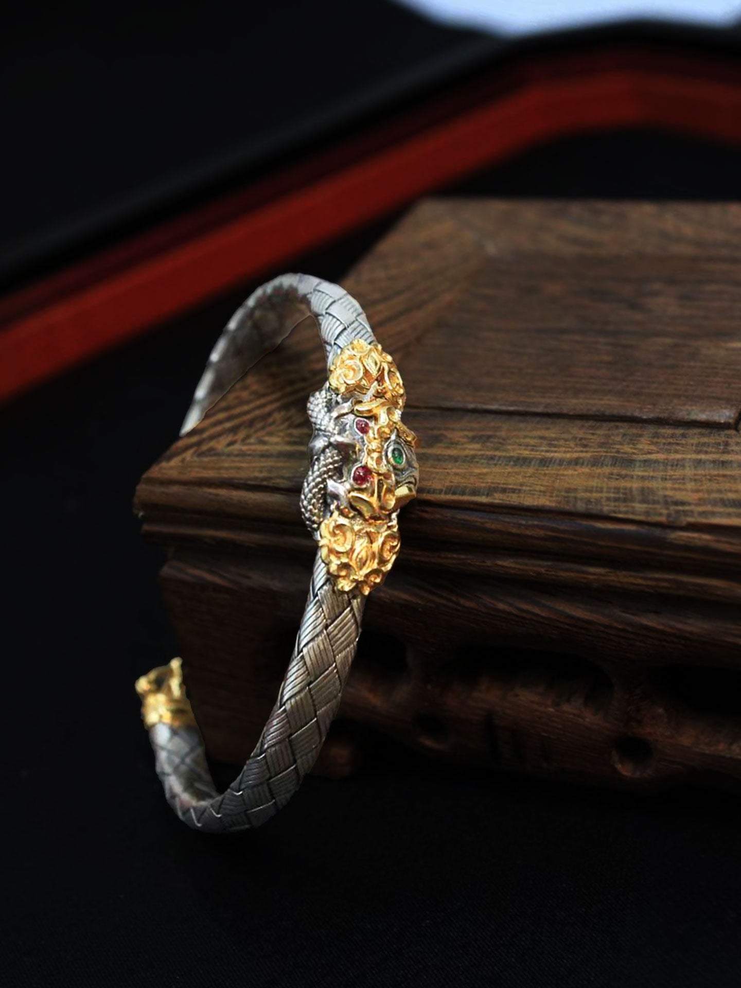 Artisan-crafted silver gilded Garuda protector cuff, rooted in Tibetan Buddhist sacrificial implements culture to ward off negative energies and obstacles.