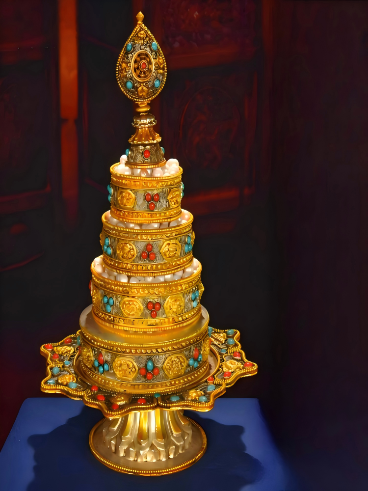 Handcrafted cloisonné gilded copper Mandala tray, Tibetan Buddhist sacrificial implement for ritual offerings and sacred altar display.