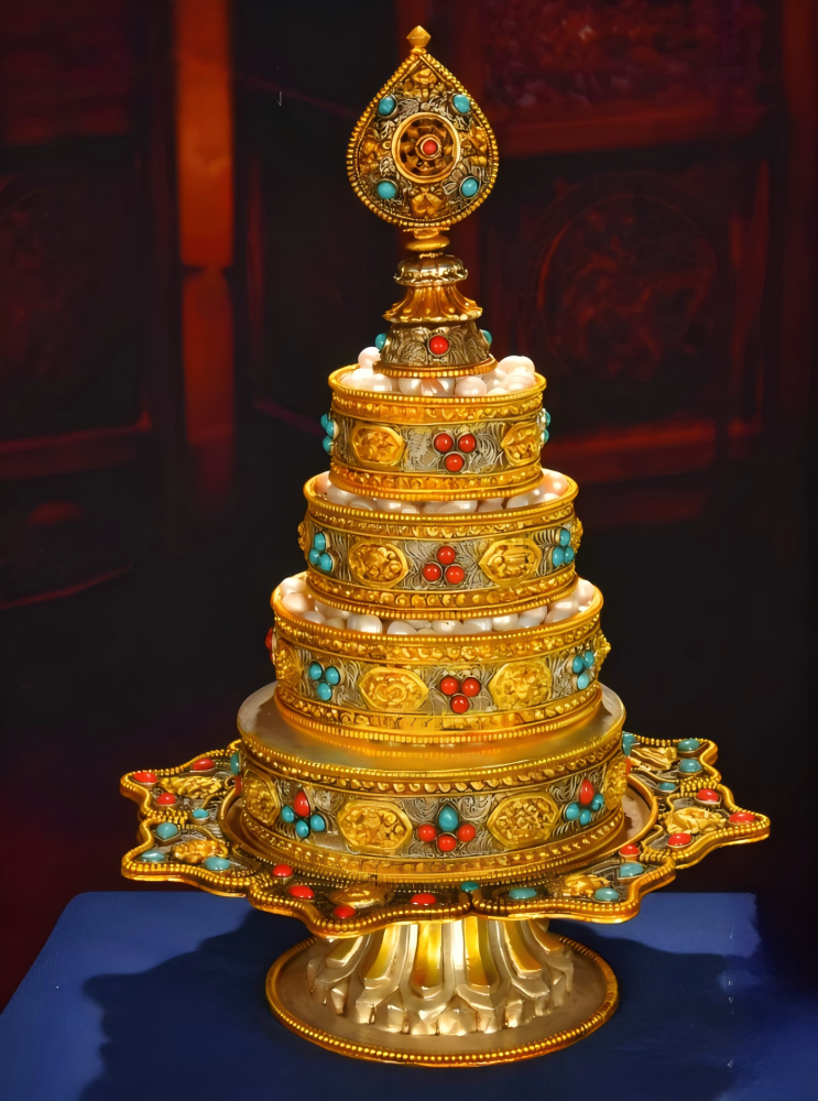 Handcrafted cloisonné gilded copper Mandala tray, Tibetan Buddhist sacrificial implement for ritual offerings and altar display.