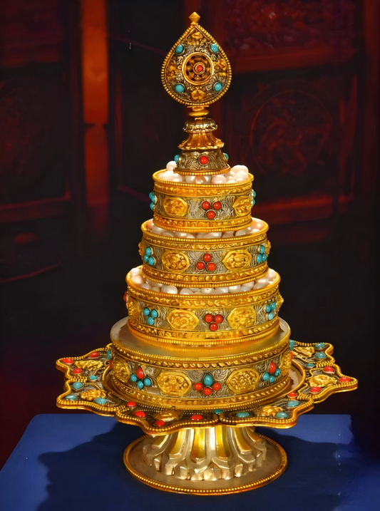 Handcrafted cloisonné gilded copper Mandala tray, Tibetan Buddhist sacrificial implement for ritual offerings and altar display.