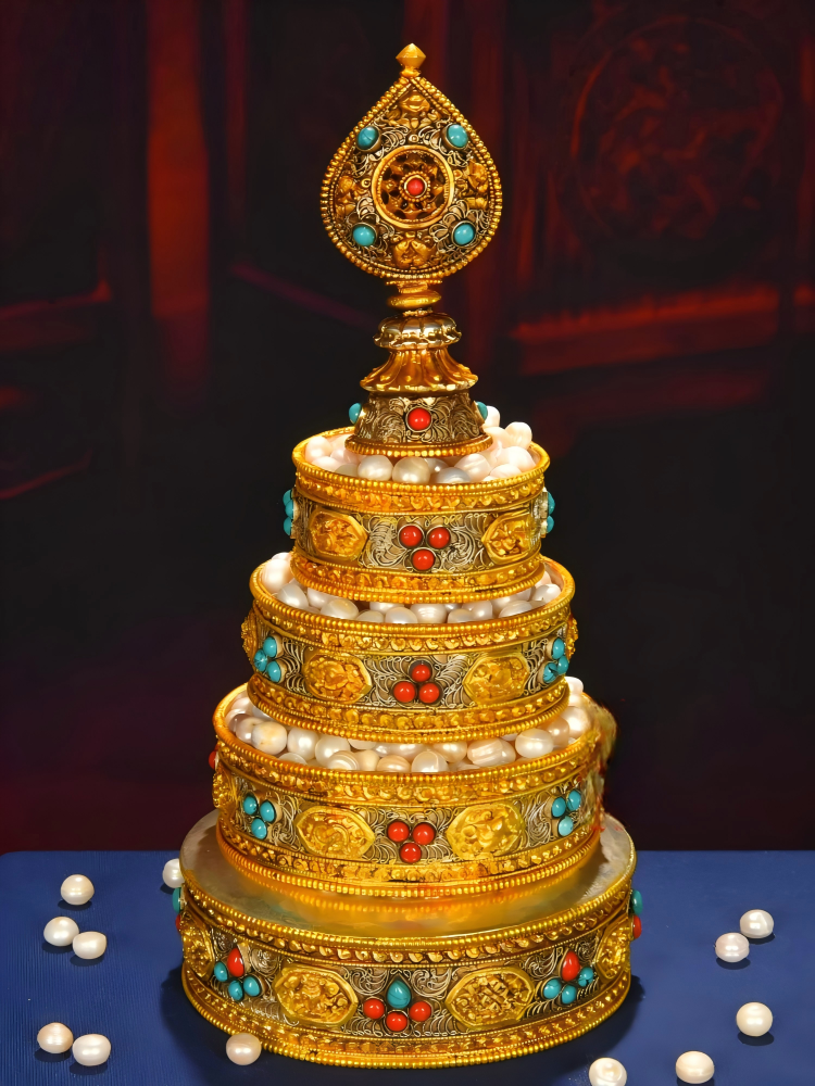 Handmade cloisonné gold-gilded copper Mandala tray, traditional Tibetan Buddhist sacrificial item for meditation and ceremonial practice.