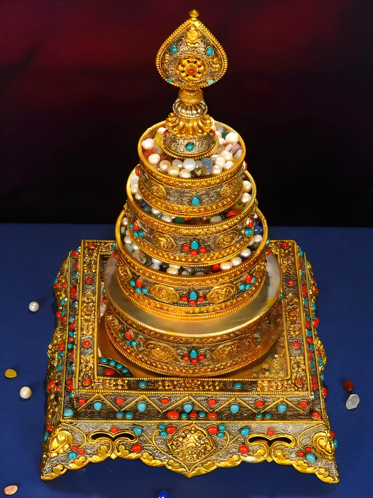 Handmade cloisonné gilded copper Mandala tray, traditional Tibetan Buddhist sacrificial item ideal for meditation and ceremonial use.