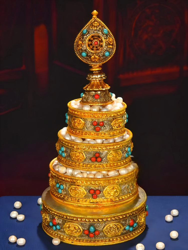 Handmade cloisonné gold-gilded copper Mandala tray, traditional Tibetan Buddhist sacrificial item for meditation and ceremonial use.