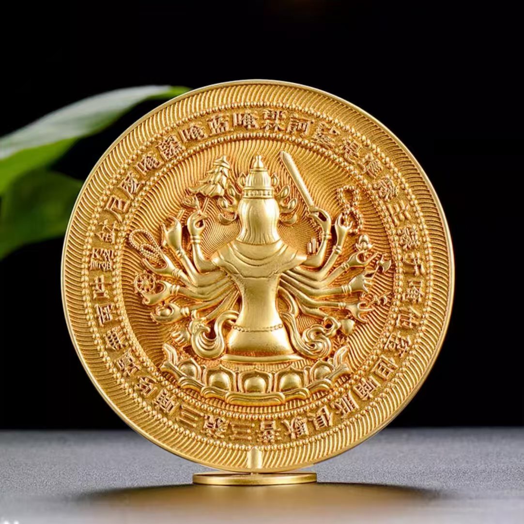 Tibetan Buddhist sacrificial implements culture: Sacred Himalayan Cundi mirror engraved with the powerful dharani, symbolizing wisdom and victory over ignorance. 