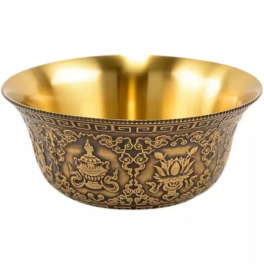 Tibetan Buddhist sacrificial implements culture: A set of seven brass offering bowls featuring the Eight Auspicious Symbols for daily water offering rituals.
