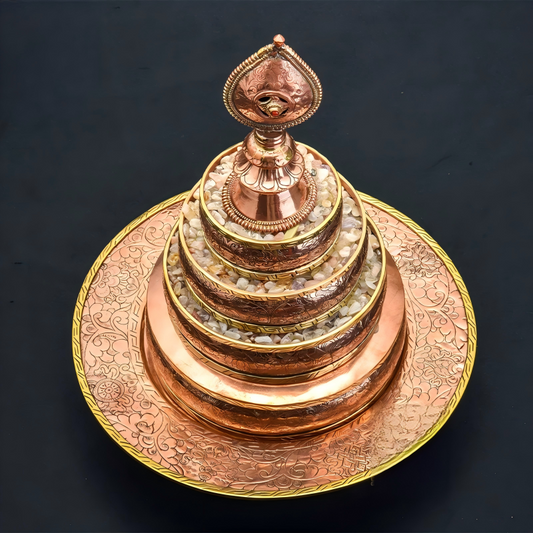 Handcrafted Nepalese copper Mandala tray, engraved with intricate patterns, a Tibetan Buddhist sacrificial implement for rituals and offerings