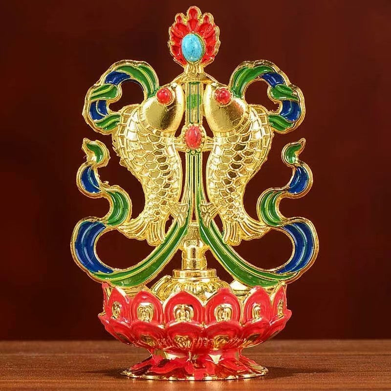 Tibetan Buddhist sacrificial implements culture: Traditional Tibetan painted altar decor featuring the Eight Lucky Emblems, blending ancient Buddhist sacrificial items art with sacred home sanctuary aesthetics.