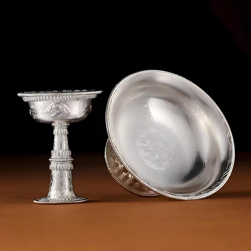 Exquisite sterling silver ritual cup, a masterpiece of Himalayan Buddhist sacrificial items art, showcasing traditional Tibetan Buddhist sacrificial implements culture.